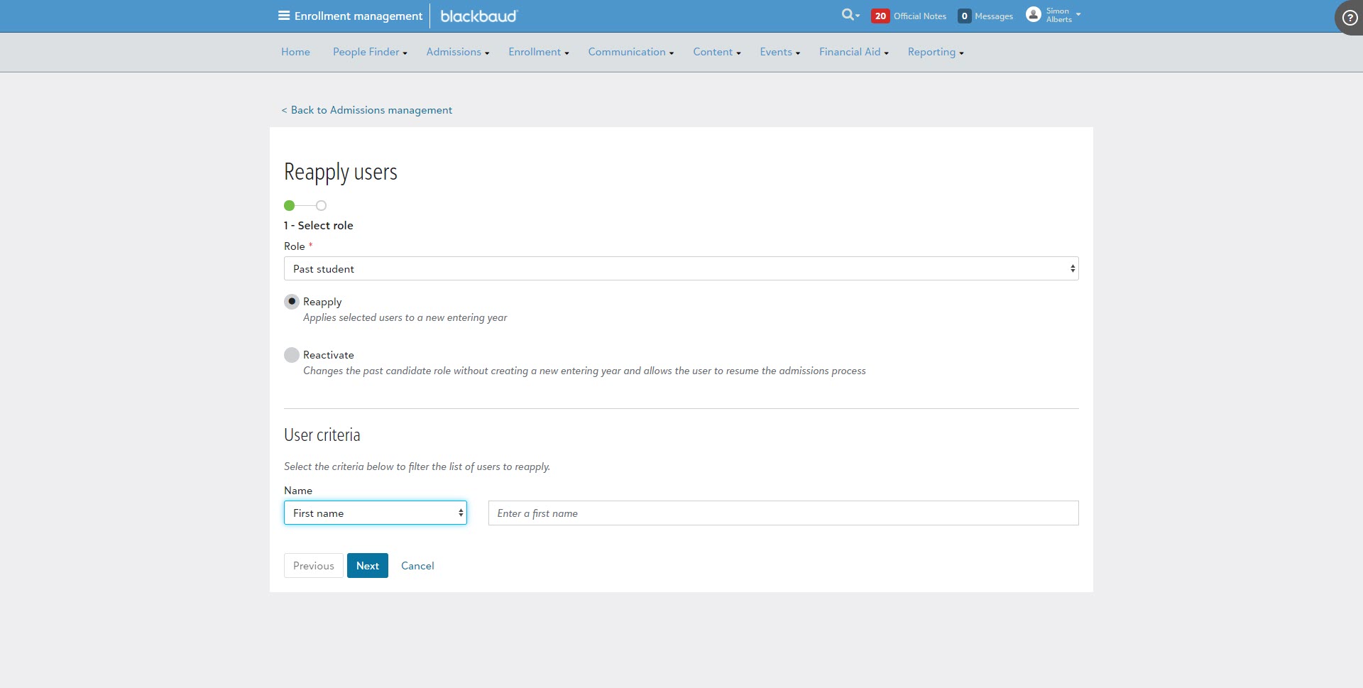 The first step of the Reapply Users process: Select role